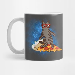 Galaxy cat surfing on pizza slice Mug